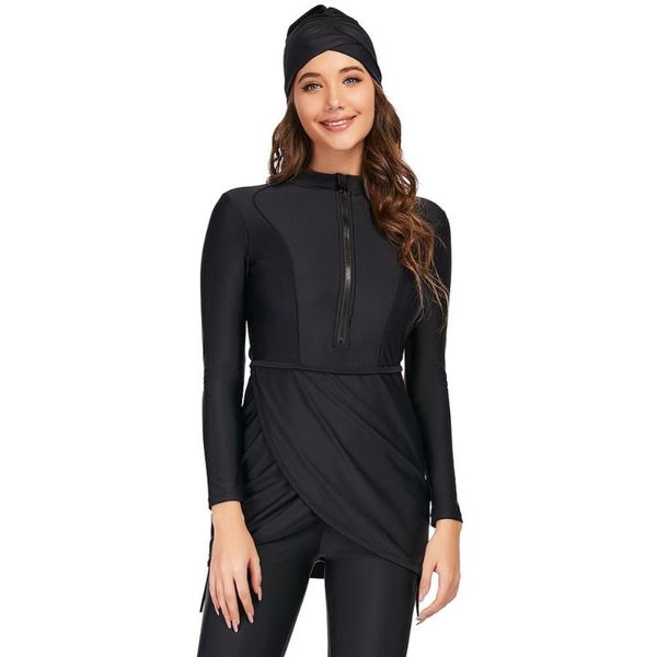 

swim wear 2021 long sleeve solid black muslim swimwear womens swimsuit burkini