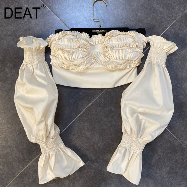 

autumn long puff sleeve slash neck pedal decoration short women blouse mj990 210525, White