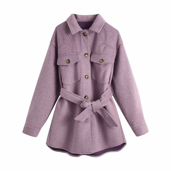 Moda Donna Cappotti di lana Autunno Viola Button-fly Ladies Giacche lunghe Tasche casual Cappotto femminile Sweet Girls Chic 210430