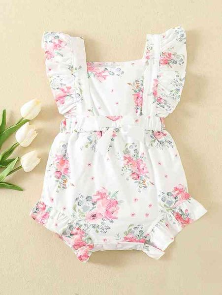 

baby floral print ruffle trim bow front bodysuit she, Blue