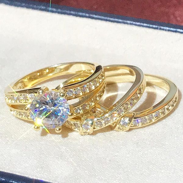 

wedding rings vintage female round crystal stone ring set charm gold color big for women dainty white zirconia engagement, Slivery;golden