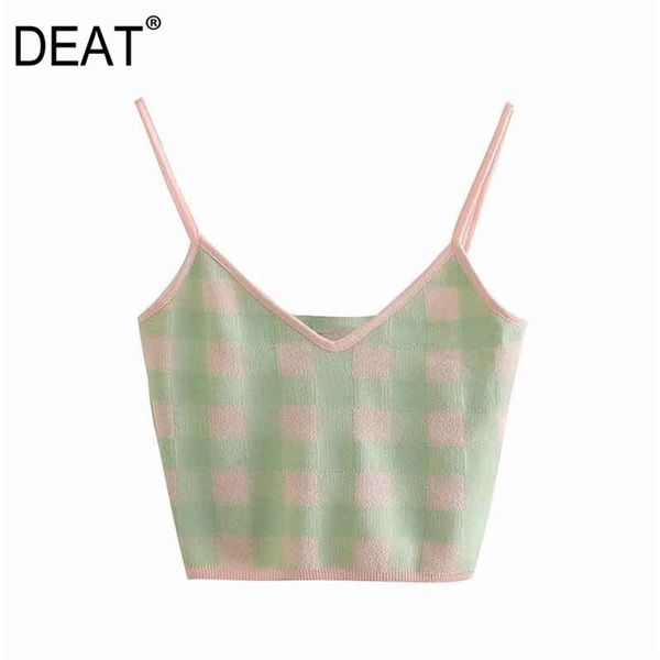 

[deat] spring summer fashion women check cropped mesh tank v-neck knitting with thin straps female 13c462 210527, White