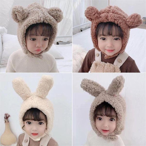 

berets 1-4 years 2021 winter fashion wool hat with ears bear warm thick bomber for kids girls boys knit caps bonn enfant, Blue;gray