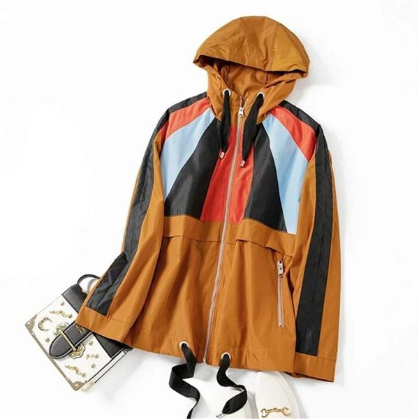 

women's trench coats color blocking spring jacket women causal windbreaker basic hooded jackets zipper lightweight, Tan;black