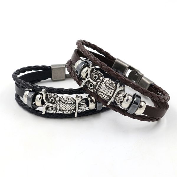 Pulseiras de charme de coruja prateada antigas tecem pulseiras multicamadas pulseiras de couro pulseiras pulseira de punho de punho de punho de moda joias de moda marrom preto marrom e areia