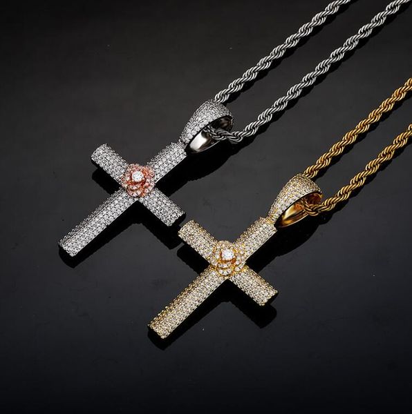 

hip hopzircon rose cross pendant necklace for women and men gift, Silver