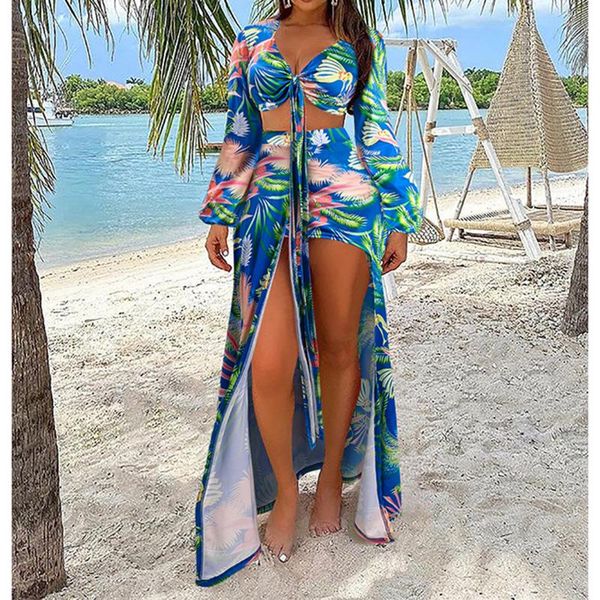 

hirigin printed beach suits women swimwear front lace-up long sleeve + high waist skirt set bathing suit wear women's, White;black