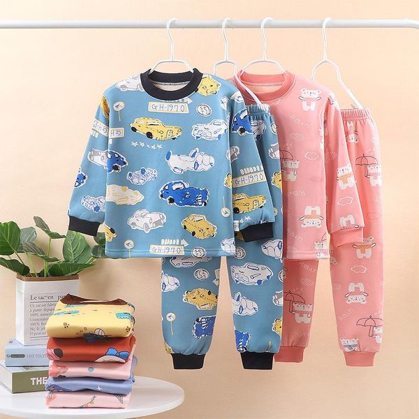 

pajamas pajama children's warm suit plus velvet thickening boys girls clothes long trousers baby home service clothing, Blue;red