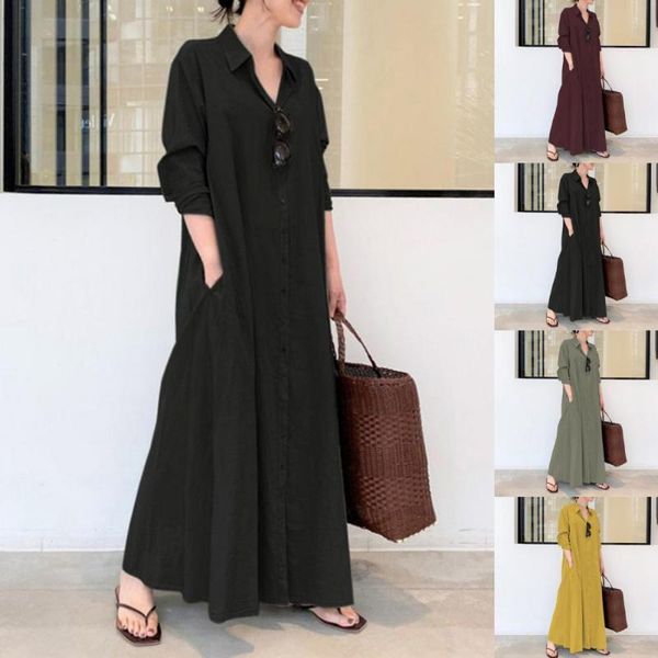 

casual dresses long women's dress solid color single-breasted autumn women sleeve lapel large hem streetwear for daily wear, Black;gray