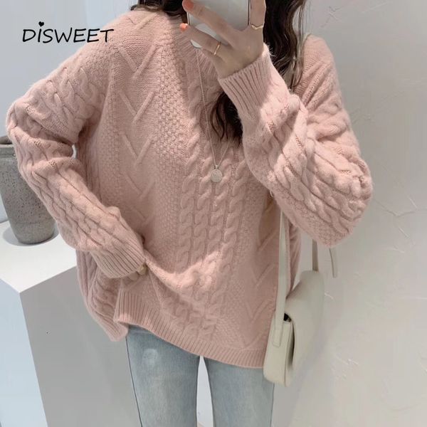 

knits solid loose women's korean long-sleeved o-neck warm sweater women simple slim winter pullover woman, White