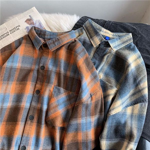 

men's casual shirts autumn cotton plaid shirt men's fashion retro men streetwear korean loose long-sleeved mens dress, White;black