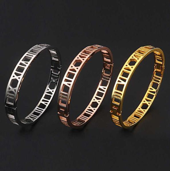 

bangle simple korean fashion roman digital titanium steel bracelet hollow stainless lovers hand ornaments, Black