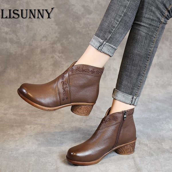 

boots 2021 spring autumn women genuine leather thick heels ankle for retro handmade zipper short, Black