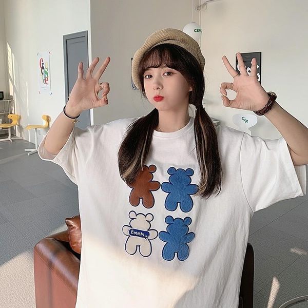 

women's t-shirt korean style women loose crew neck embroidered short sleeve plus size cartoon for summer female cute bear tee, White