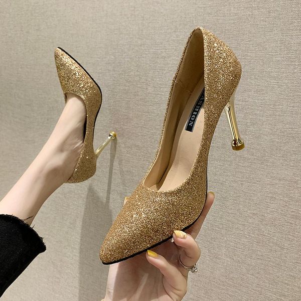 

2021 pumps retro women shoes beige high heels sandals ladies lace-up bling bling pointed wedge slip om latest fashion, Black