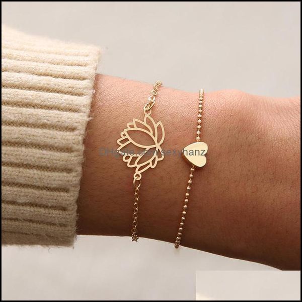 

link, link chain 2pcs/set simple hollow out lotus flower bracelets charming womens heart-shaped gold bracelet fashion party jewelry gift dro, Black