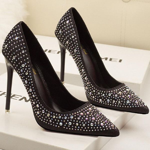 

dress shoes fashion is sweet and delicate elegant thin heel high shallow mouth tip jackpot drill water wedding single shoe, Black