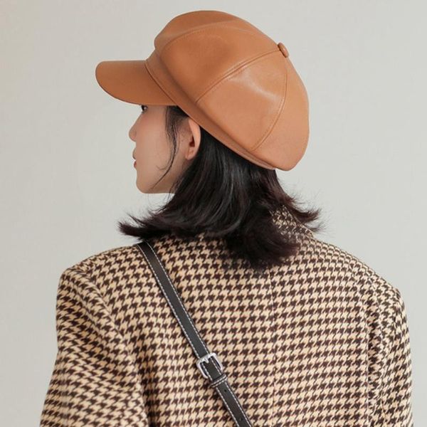 

beanies fashion pu leather military caps spring autumn solid color hats for women men black red berets round captain cap student hat