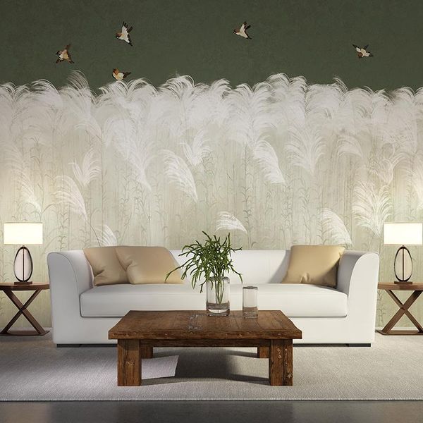 

wallpapers 3d reed wallpaper porch background wall chinese plants modern living room sofa tv decorative mural