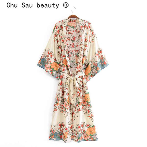Beleza Moda Boho Floral Impressão Longa Kimono Mulheres Feriado V-Neck Sashes Verão Solto Senhoras Vestidos 210514