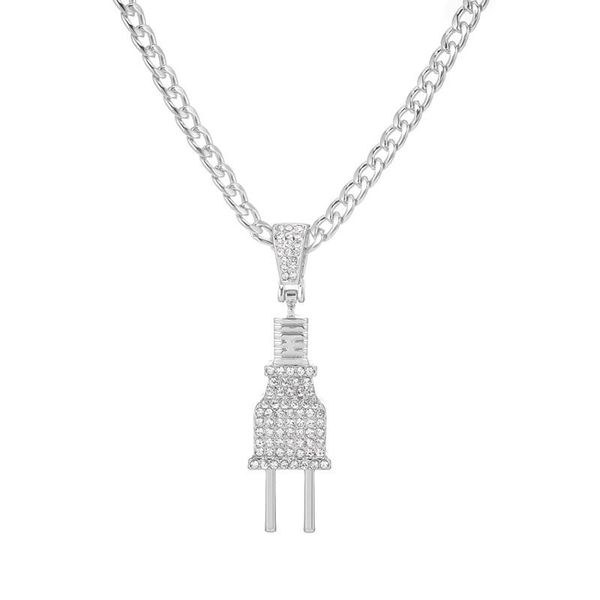 

chains iced out men's plug pendant necklace hip hop bling gold silver color charm micro pave full rhinestone 2021 fashion jewelry
