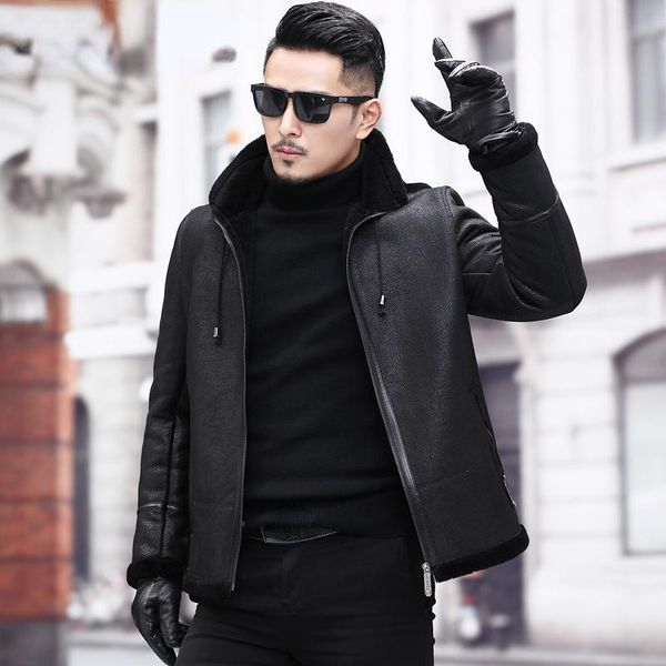 

men's leather & faux 2021 winter fur coat hooded 100% genuine sheepskin jackets warm thick sheep shearing coats chaquetas hombre gmm601, Black