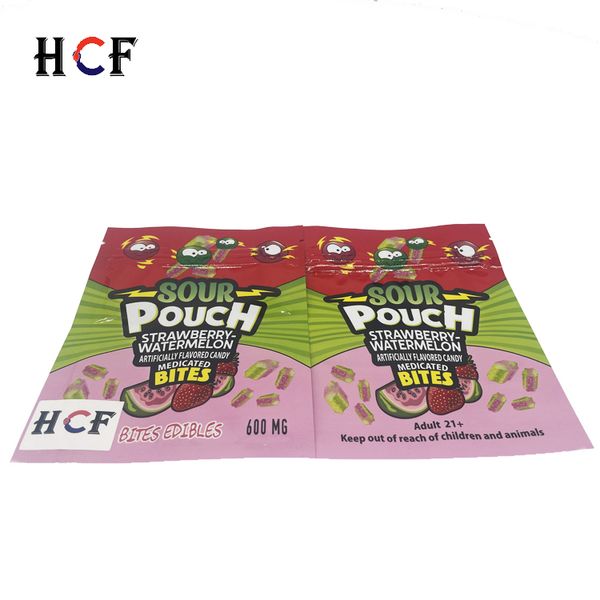 

5 flavors sour pouch bags 600mg strawberry watermelon bites candy smell proof mylar plastic zipper bag edible packaging cunstom printed pack