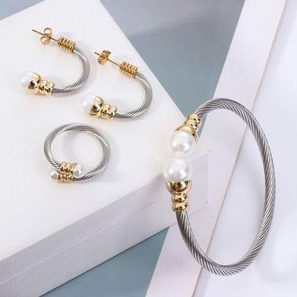 

earrings & necklace 2021 luxury stainless steel bracelet ring for women jewelry sets wedding crystal party, Silver