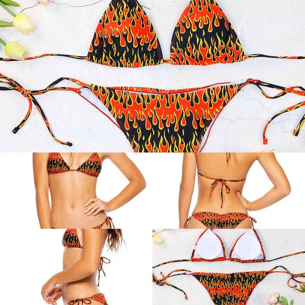

split 2021 new bikini women's red black yellow flame neck lace up soft triangle bag swimsuit2021, White;black