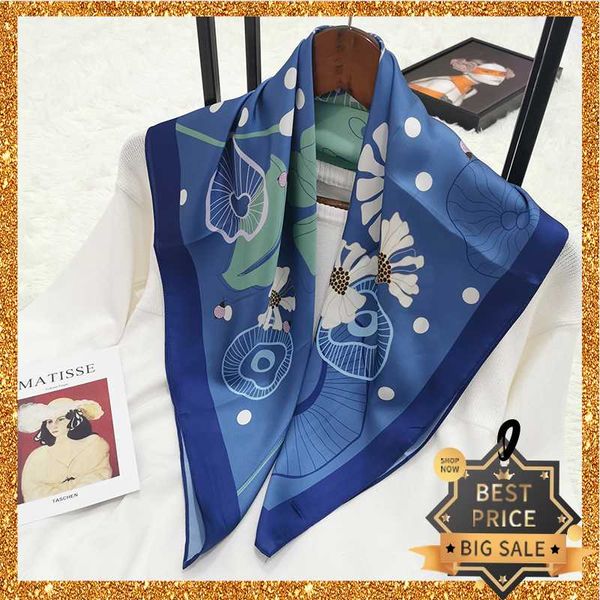 

scarves 2021 print women scarf 70cm square turban twill silk ladies kerchief luxury autumn hijab fashion shawls and wraps headband, Blue;gray