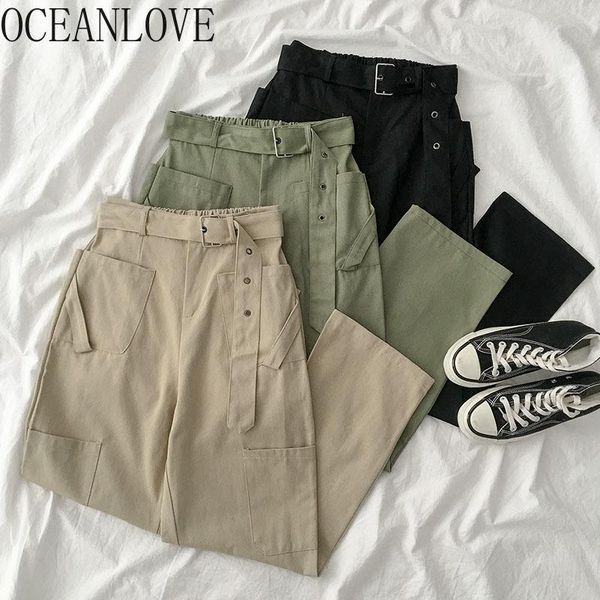 

women's pants & capris oceanlove ins solid cargo women high waist pockets casual pantalones de mujer student all match trousers 14063, Black;white
