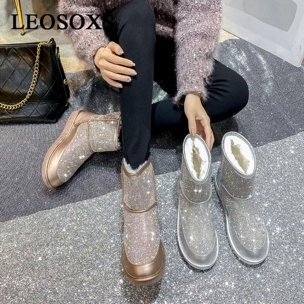 

boots women snow woman platform shoes ladies rhinestone ankle female brand girls round toe silver, Black