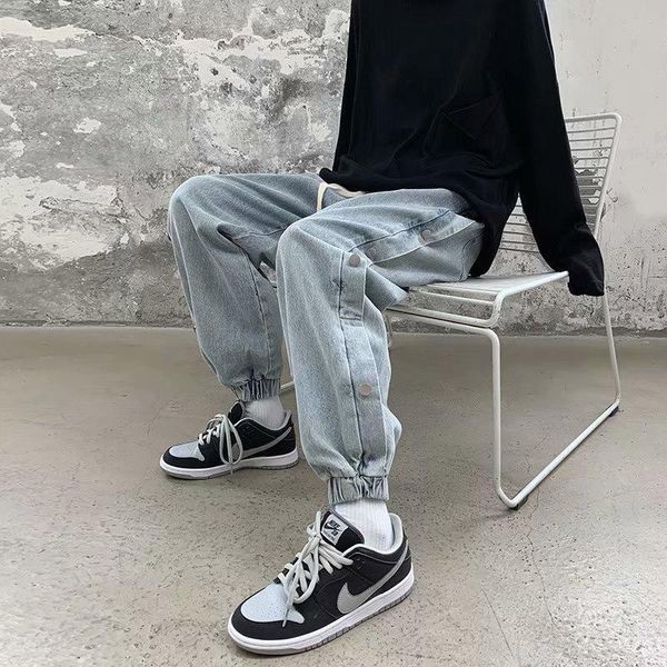

men's jeans washed breasted denim 2021 spring autumn drawstring dark pants high street style design teenagers harem, Blue