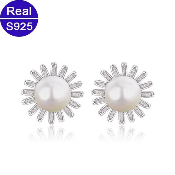 

stud real 925 sterling silver pearl earrings fine jewelry fashion elegant sun flower for women girls mom gift, Golden;silver