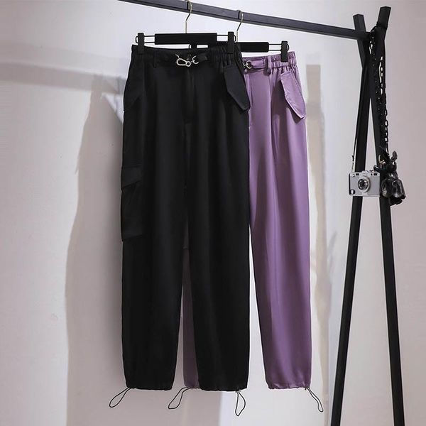 

150kg plus size women's spring loose harem sports casual pants 5xl 6xl 7xl 8xl 9xl elastic waist bungee overalls black purple & capris, Black;white