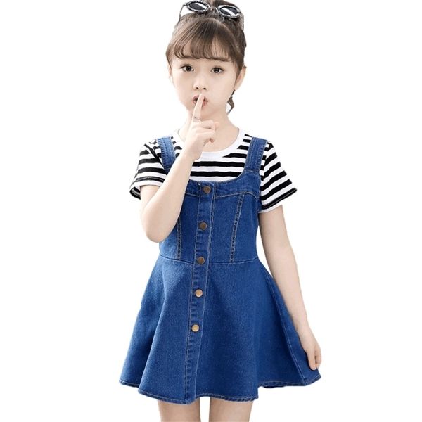 

girls denim clothtes set striped tshirt + dress clothing summer costume for girl casual style children's clothes 210528, White