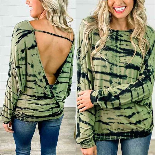 

t-shirts women spring autumn o-neck hollow out design long sleeve backless print tshirts casual loose pullovers female 210522, White