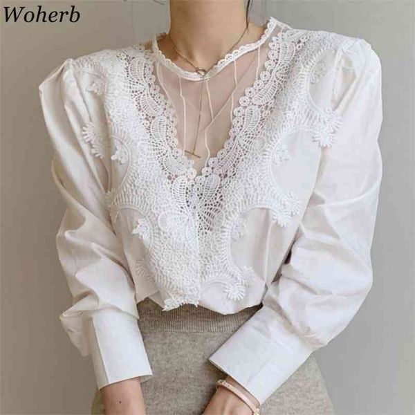 

sweet vintage shirts wome korean chic lace patchwork blusas de mujer temperament blouses women elegant white 95033 210519