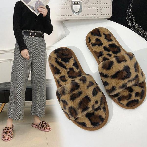 

women house slippers faux fur warm shoes autumn winter leopard lady open toe flats indoor slides soft non-slip home floor, Black