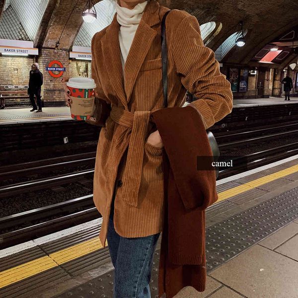 

autumn and winter korean chic retro temperament waist wide loose corduroy suit jacket 210514, Black;brown