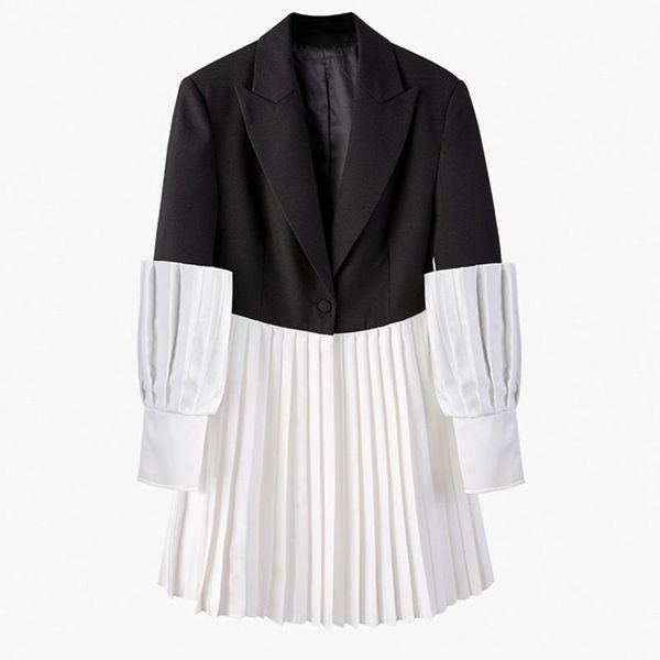 

party dresses [ewq] bubble sleeve loose temperament tide blazer dress women 2021 spring summer fashion black and white stitching 16w787, White;black