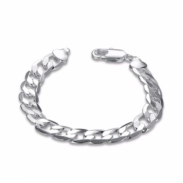 

charm bracelets 925 sterling silver jewelry 10mm wide bracelet flat men simple geometric silverware lobster claw clasp, Golden;silver