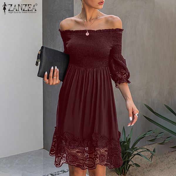 

2021zanzea fashion summer lace crochet dress women off shoulder short sleeve party white sundress boat neck hollow out vestido, Black;gray