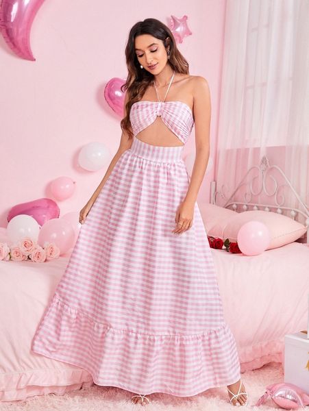 

gingham print halter neck cut out backless ruffle hem dress l4bf#, Black;gray