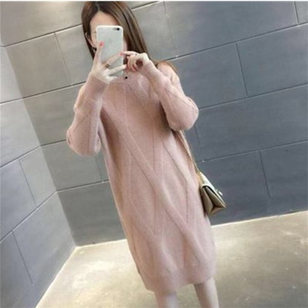 

2021 autumn winter womens sleeve sweater pullovers knitted long dress ladies solid thicken warm clothes female, White;black