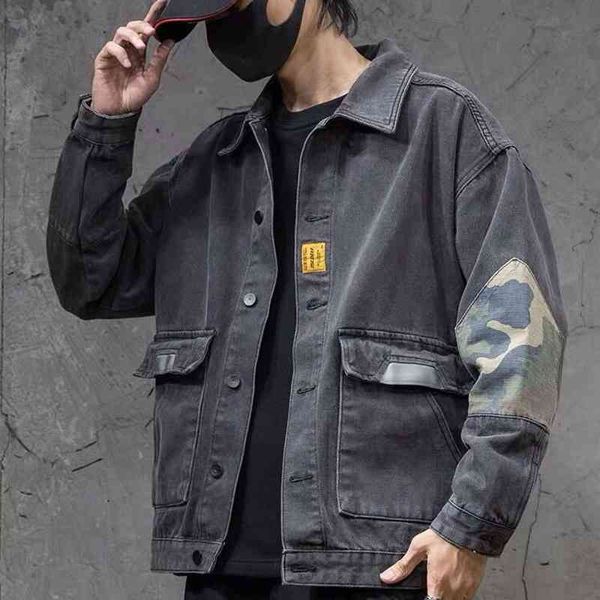 

men's jackets spring jean jacket, loose jacket with camouflage, big size, fat trend, fall jacket. jx0a, Black;brown