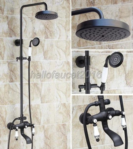 

black oil rubbed bronze bathroom rain shower faucet set wall mounted bath tub mixer with handheld heads lhg128 sets