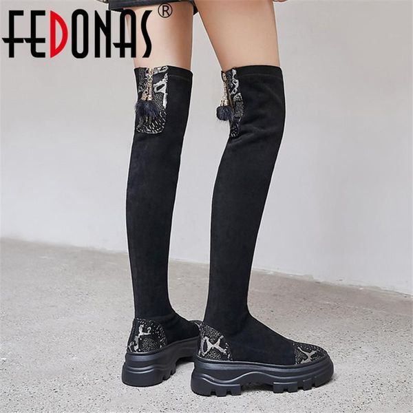 

boots fedonas female flock flats platform party prom shoes woman black stretch warm women over the knee high