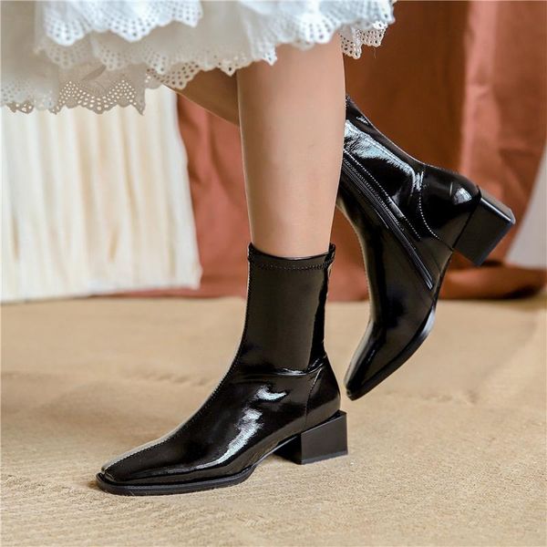 

boots black white women ankle genuine leather punk squre toe thick heels pumps for working basic shoes woman