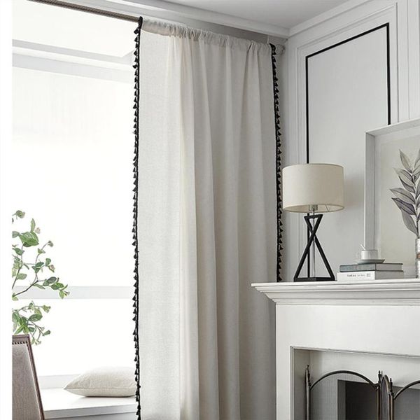 

curtain & drapes solid color cotton linen curtains with black tassels japanese style semi-shading background cafe home decoration living roo